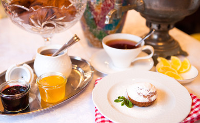 Obraz na płótnie Canvas High tea set with dessert, Afternoon tea set