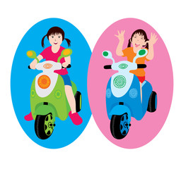 Two Girls sitting on scooter, Vector Illustration