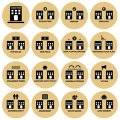Acquisition, merger and takeover strategy vector icon set