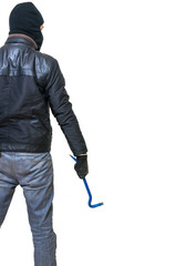 Burglar or thief from behind holds crowbar in hand. Rear view. Isolated on white background.