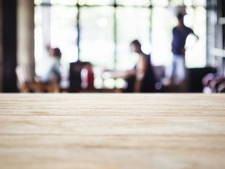 Table top Counter with Blurred People in Restaurant Shop interior