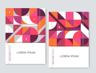 Obraz premium Cover design for Brochure leaflet flyer. Abstract geometric background. Pink, orange,white, gray triangle, squares and circles. A4 size. Vector EPS 10