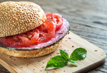 Sandwich with salami and tomatoes
