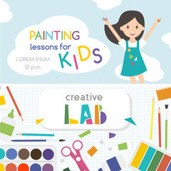 Painting lessons. Top view on art-working process. Kids creativity Lab. Banner, flyer for kids art lessons or school. Vector illustration. 