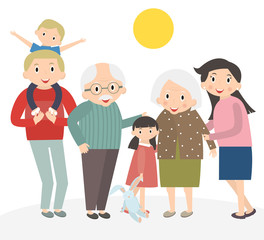 Happy family portrait. Father and mother, son and daughter, grandparents in one picture together. Family isolated on white. 3 generations together. Vector illustration.