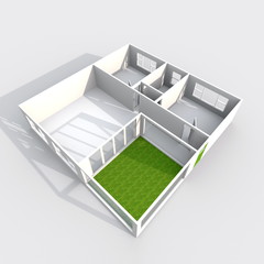 3d interior rendering of oblique empty paper model home apartment: room, bathroom, bedroom, kitchen, living-room, hall, entrance, door, window, balcony