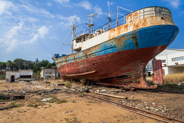 Abandoned fishing ship in a Seixal shipyard. Portugal