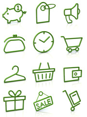 Set of green shopping icons isolated on white background