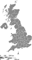 United Kingdom map vector outline with scales of miles in gray background