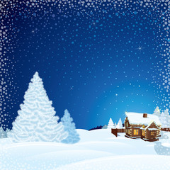 Winter Scene with Wooden House. Image