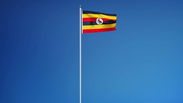 Uganda flag waving in slow motion against clean blue sky, seamlessly looped, long shot, isolated on alpha channel with black and white luminance matte, perfect for film, news, digital composition