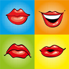 Mouth with red lips in retro pop art style. Vector illustration and comics design icons