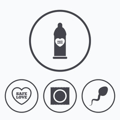 Safe sex love icons. Condom in package symbols.