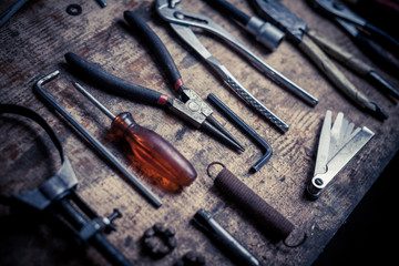 Fototapeta premium Tools on wooden plank