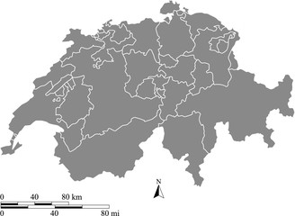 Switzerland map vector outline with scales of miles and kilometers in gray background