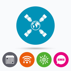 Hands reach for earth sign icon. Save planet.