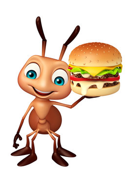 fun Ant cartoon character with burger