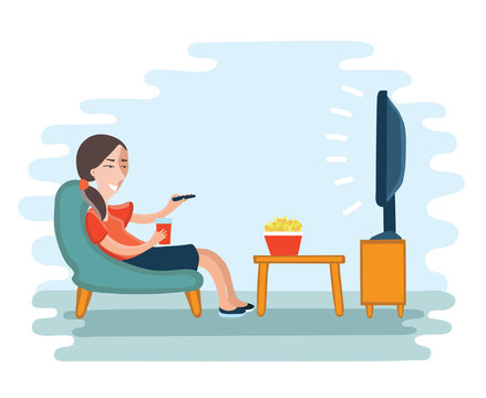 Woman watching television, sitting in chair