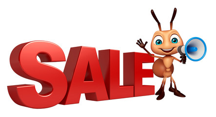 fun Ant cartoon character with big sale sign and loudspeaker