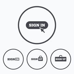 Sign in icons. Login with arrow, hand pointer.