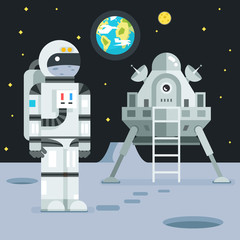 Cosmonaut Astronaut Landing Planet Lander Icon on Stylish Earth Moon Stars Background Retro Cartoon Design Vector Illustration © alestraza