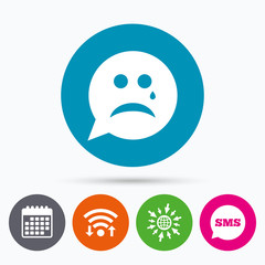Sad face with tear sign icon. Crying symbol.