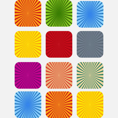 Set of backgrounds ray. Abstract sun rays. Collection of blue red orange purple green and gray vector rays. Vector sun rays. Set texture ray burst. Retro rays background