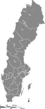 Sweden map vector outline with scales of miles and kilometers in gray background