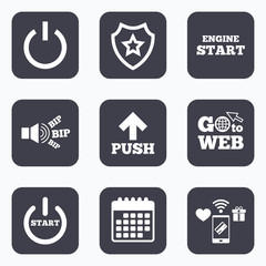 Power icons. Start engine symbol. Push arrow.