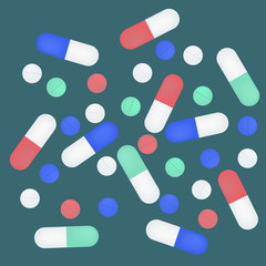 Pills and tablets. Heap of tablets, capsules and pills. Medical tablets pills and capsules. Colored pills and tablets. Different medications