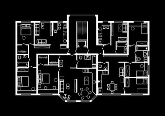linear architectural sketch plan of apartment section on black background