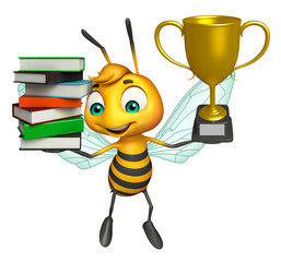 cute Bee cartoon character with book stack and winning cup