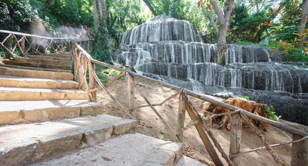 Long exposure of waterfall and track at Monasterio de Piedra