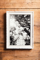 Picture frame on wooden table