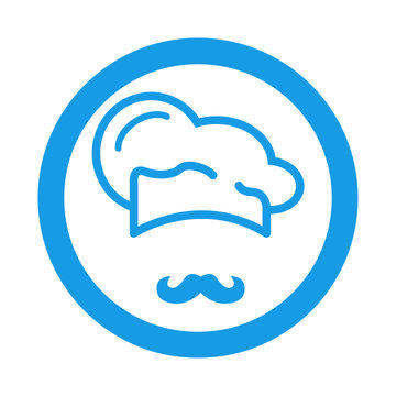 Icono plano gorro de cocinero y bigote en circulo color azul
