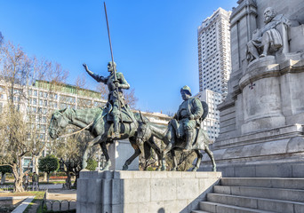 Ditail of the Cervantes monument,  on the Square of Spain. Madri