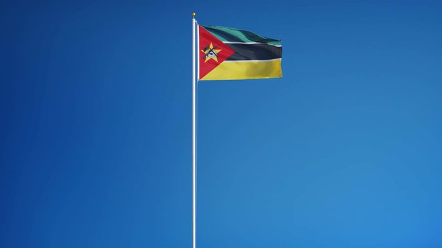 Mozambique flag waving in slow motion against clean blue sky, seamlessly looped, long shot, isolated on alpha channel with black and white luminance matte, perfect for film, news, digital composition