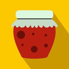 Jar of fruity jam icon, flat style 