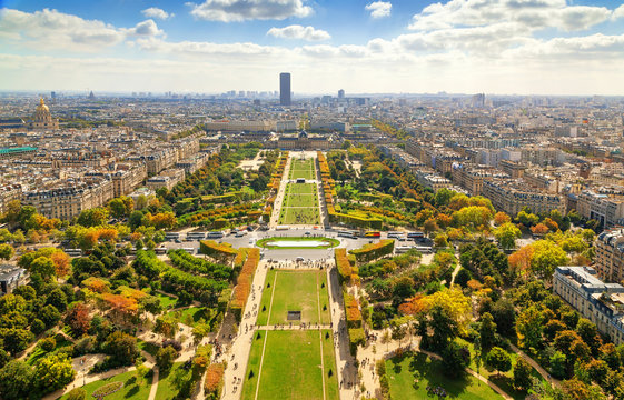 View of Champ de Mars from the Eiffel Tower in Paris, France. Autumn time.
