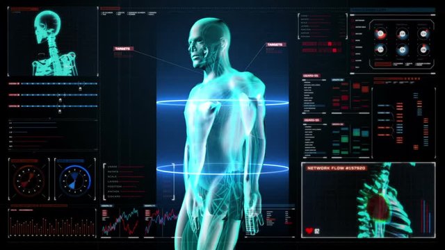 Zooming Human skeletal structure, bone system, Blue X-ray light.in digital dashboard, display