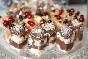 Sweet Dessert. Chocolate, nuts and berry pudding in small plasti