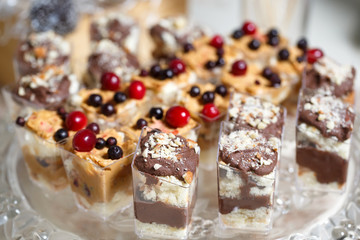 Sweet Dessert. Chocolate, nuts and berry pudding in small plasti