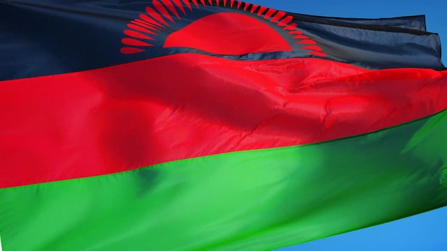 Malawi flag waving in slow motion against clean blue sky, seamlessly looped, close up, isolated on alpha channel with black and white luminance matte, perfect for film, news, digital composition