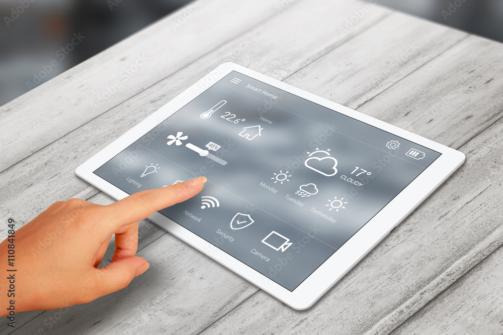 Poster smart home control app use on tablet.