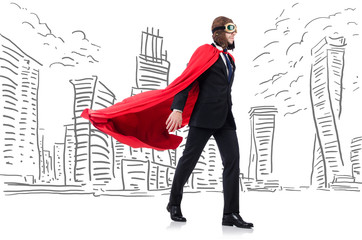 Man in red cover with skyscapers at the background