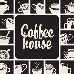 banner for coffee house with picture cups on a black background