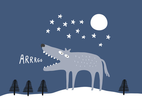 Wolf at night in a winter landscape, vector illustration