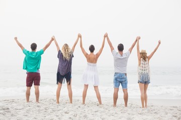 Obraz premium Rear view of friends holding hands and standing in a row