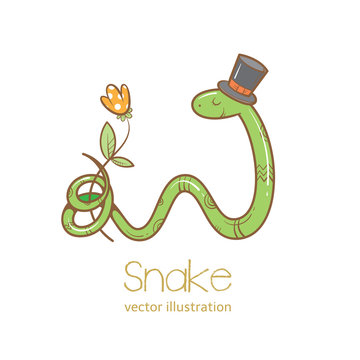 Summer card with cute cartoon  snake  in  hat  that keeps the tail flower.  Vector image. Children's illustration.