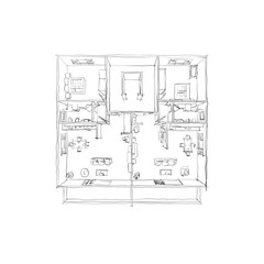 Freehand sketch drawing illustration of 3d plan view of furnished home apartment
